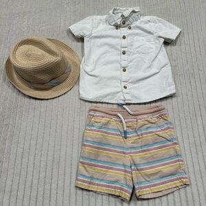 Caribbean Joe-Striped Shorts and Shirt Set with Straw Hat size 24 Months